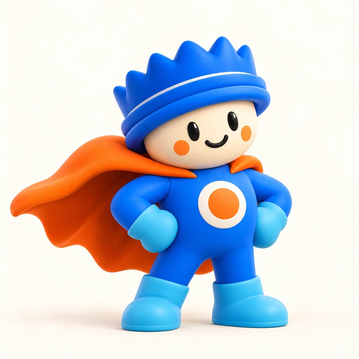 Cuppy a figura intera: cappello a corona blu, mantello arancione, guanti e stivali azzurri.