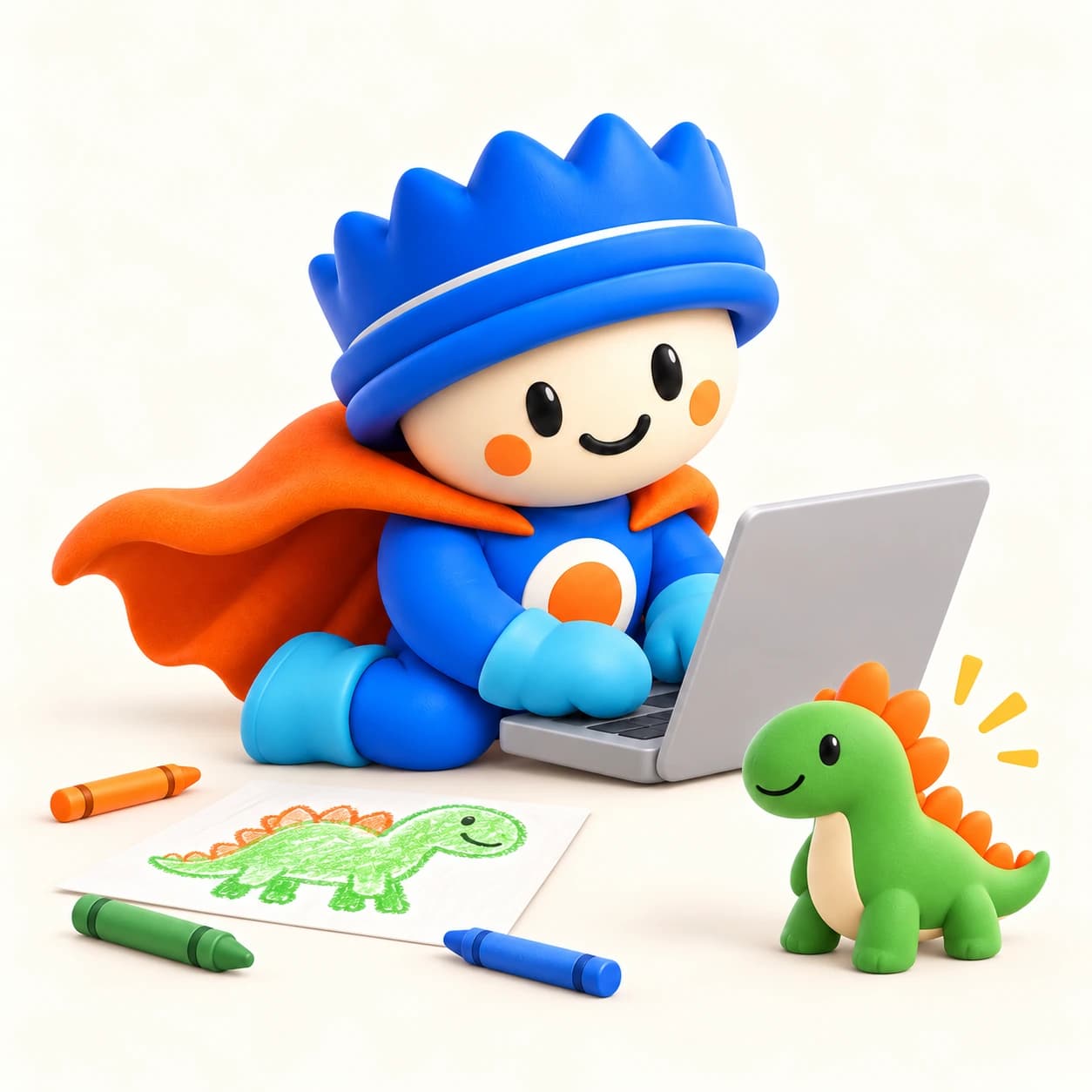 Cuppy al lavoro mentre il disegno di un dinosauro prende forma.