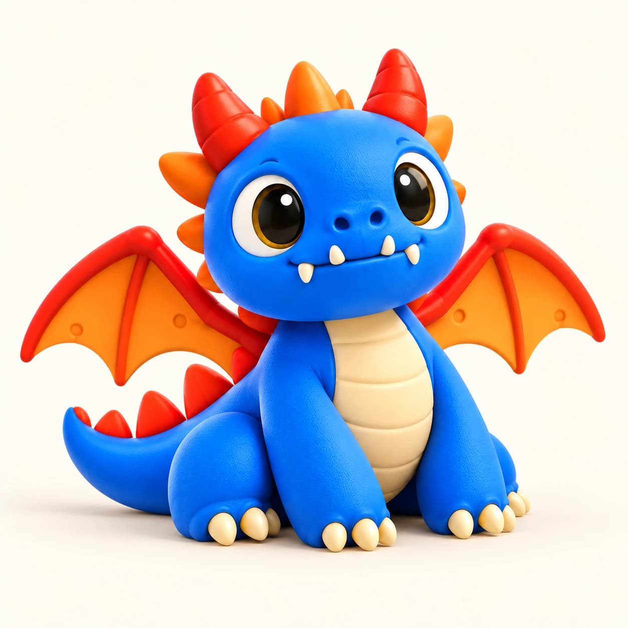 The little blue dragon, with orange wings and big eyes, in 3D.