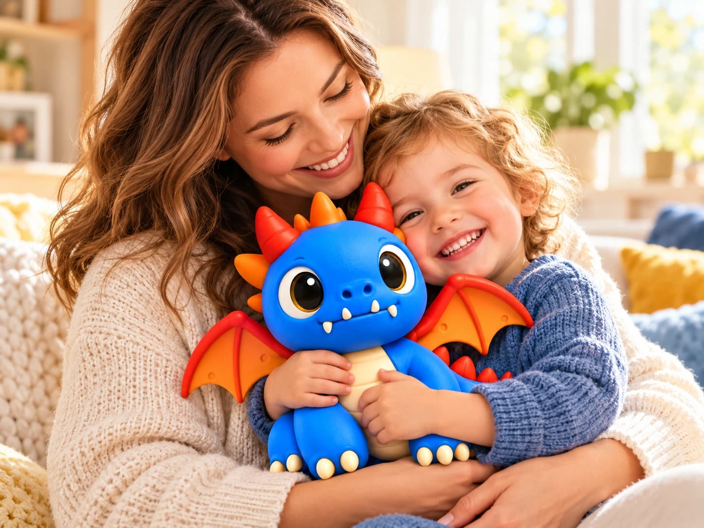 A mother and her child hugging the little blue dragon, now a toy.