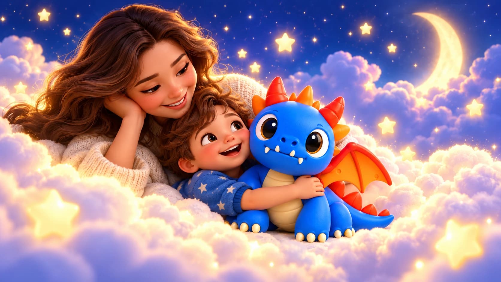 Una mamma e il suo bambino volano tra nuvole e stelle insieme al draghetto blu.