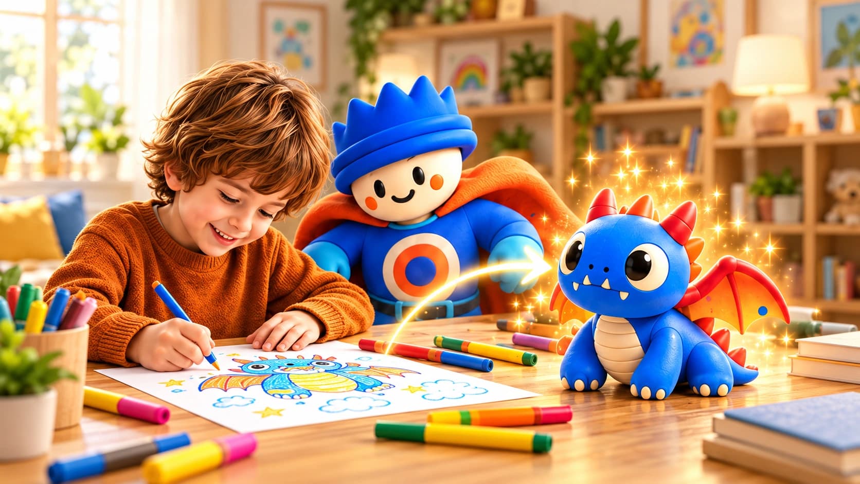 A child draws a little blue dragon. Next to them, Cuppy points at the same dragon, now a toy.