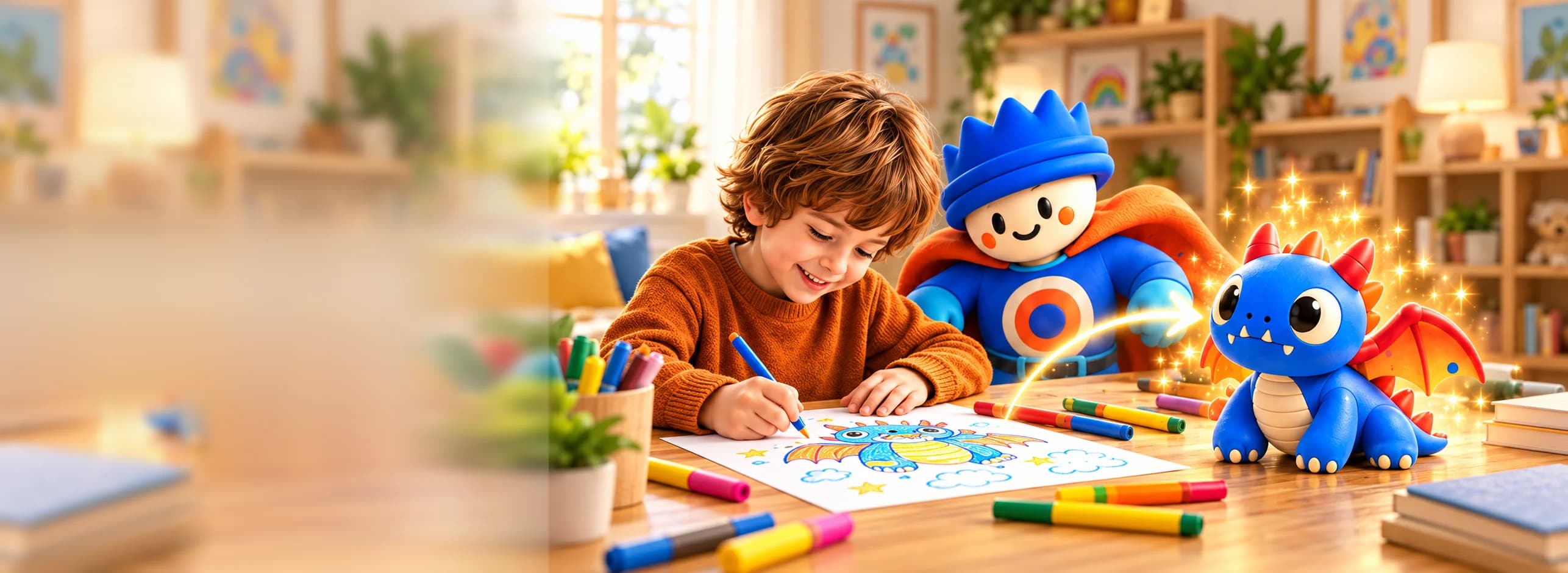 A child draws a little blue dragon. Next to them, Cuppy points at the same dragon, now a toy.